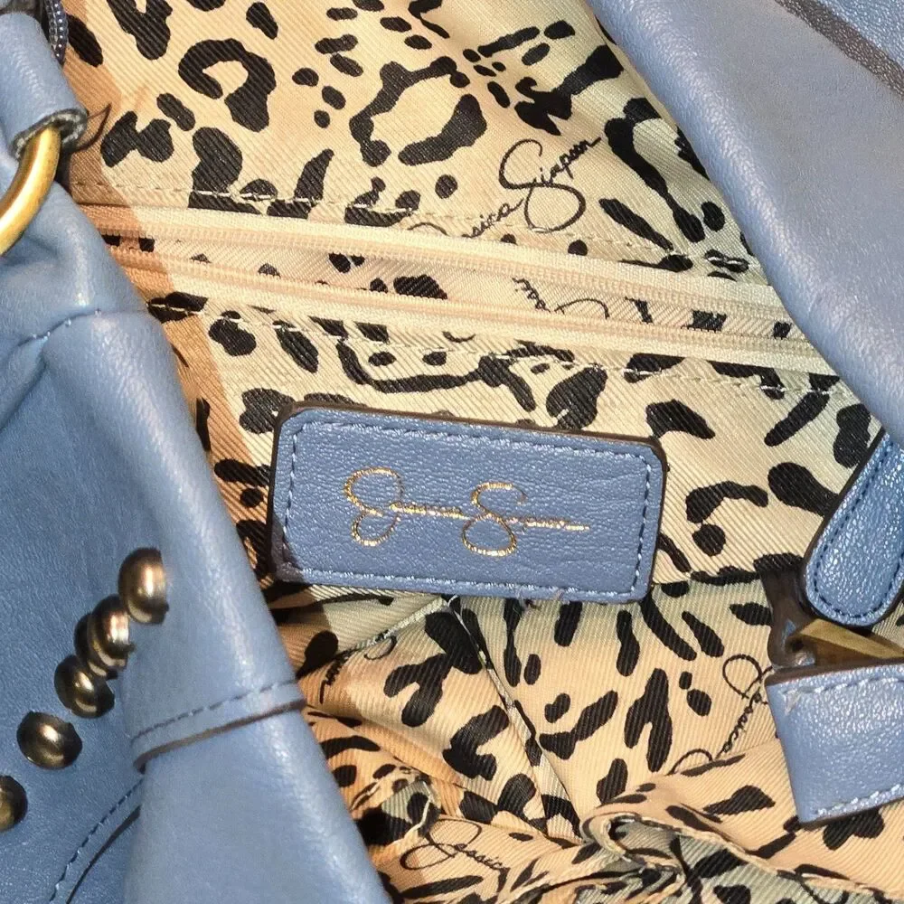 Jessica Simpson Skylar Hobo Bag Dusty Blue Studded JS Charm Vegan Leather